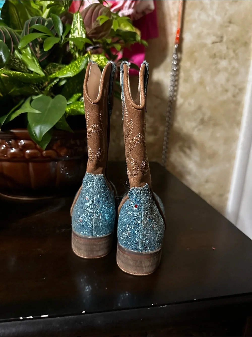 Girls Teal Glitter & Brown Western Boots - Kids Pull-On Cowboy Style